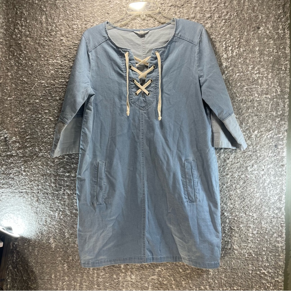 Jack Dress Small Blue Chambray Lace up 1/2 Roll Tab Sleeve Denim Blue‎ Pockets